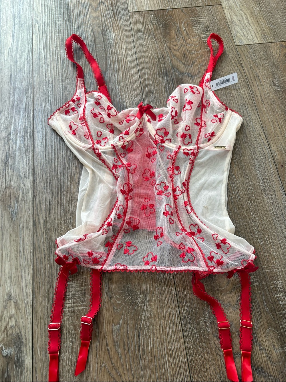 Adore me Red & White Heart Embroidered Bustier Lingerie Top 38DD